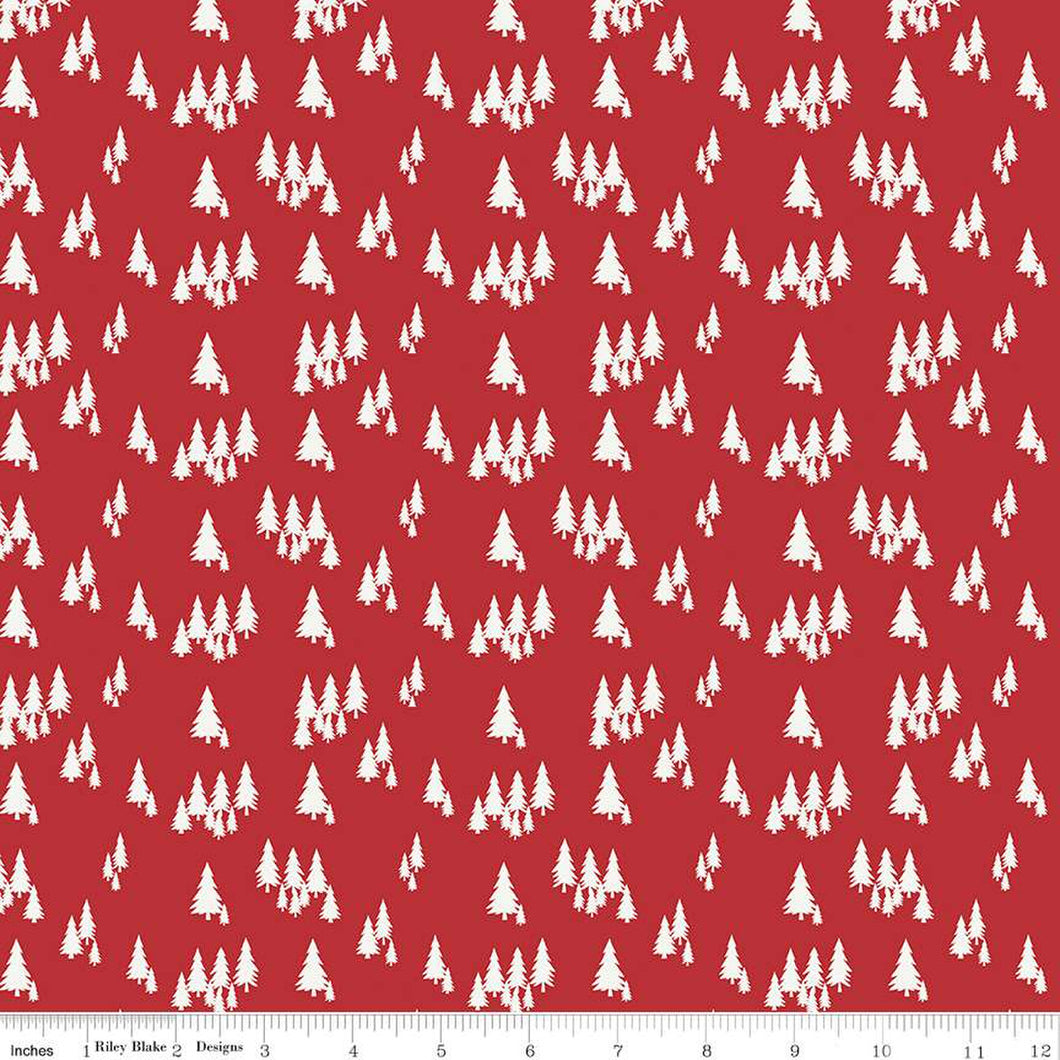 Woodsman Trees Red Cotton Fabric