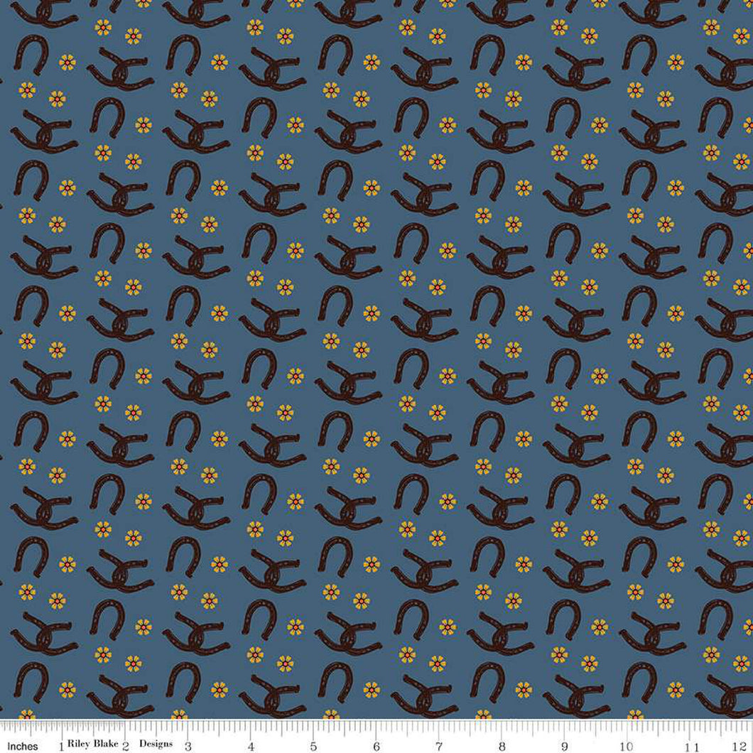 Wild Rose Horseshoes Denim Cotton Fabric