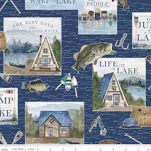 Wake at the Lake Main Navy Cotton Fabric