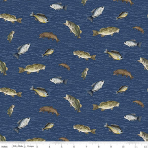 Wake at the Lake Fish Toss Navy Cotton Fabric