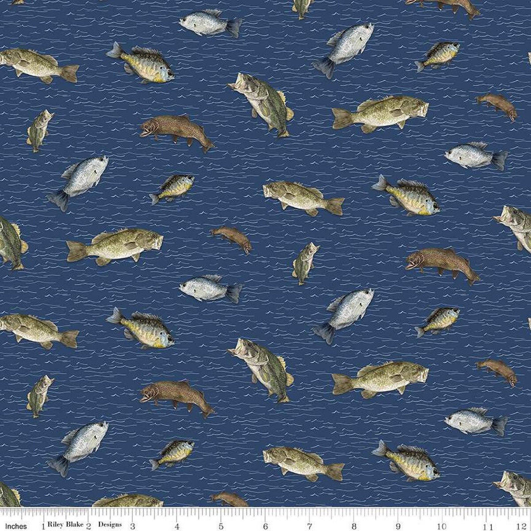 Wake at the Lake Fish Toss Navy Cotton Fabric