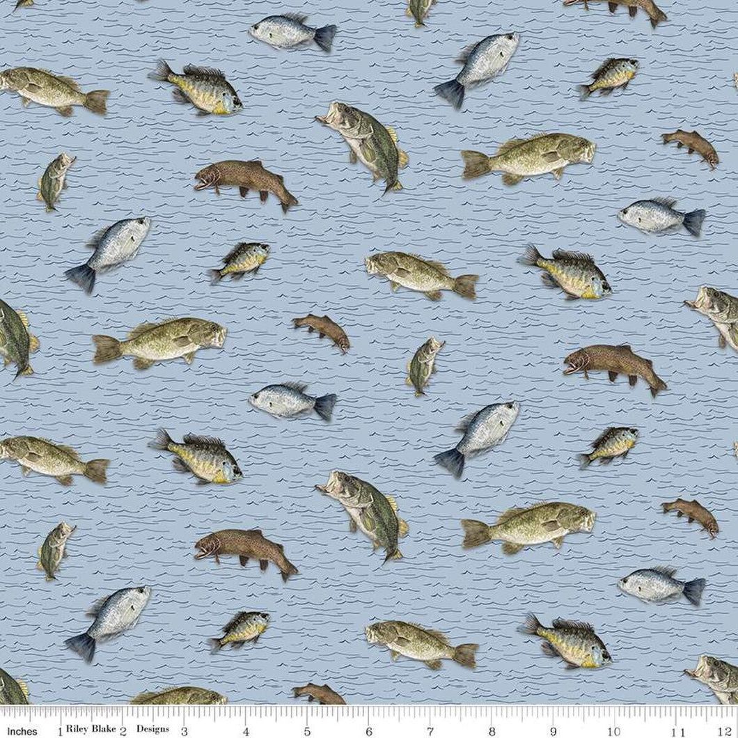 Wake at the Lake Fish Toss Sky Cotton Fabric