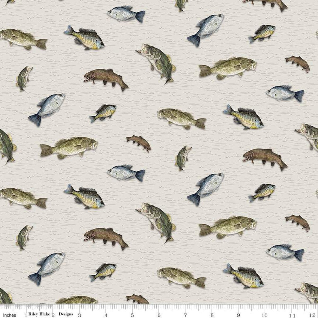 Wake at the Lake Fish Toss Tan Cotton Fabric