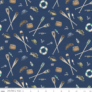 Wake at the Lake Icons Navy Cotton Fabric