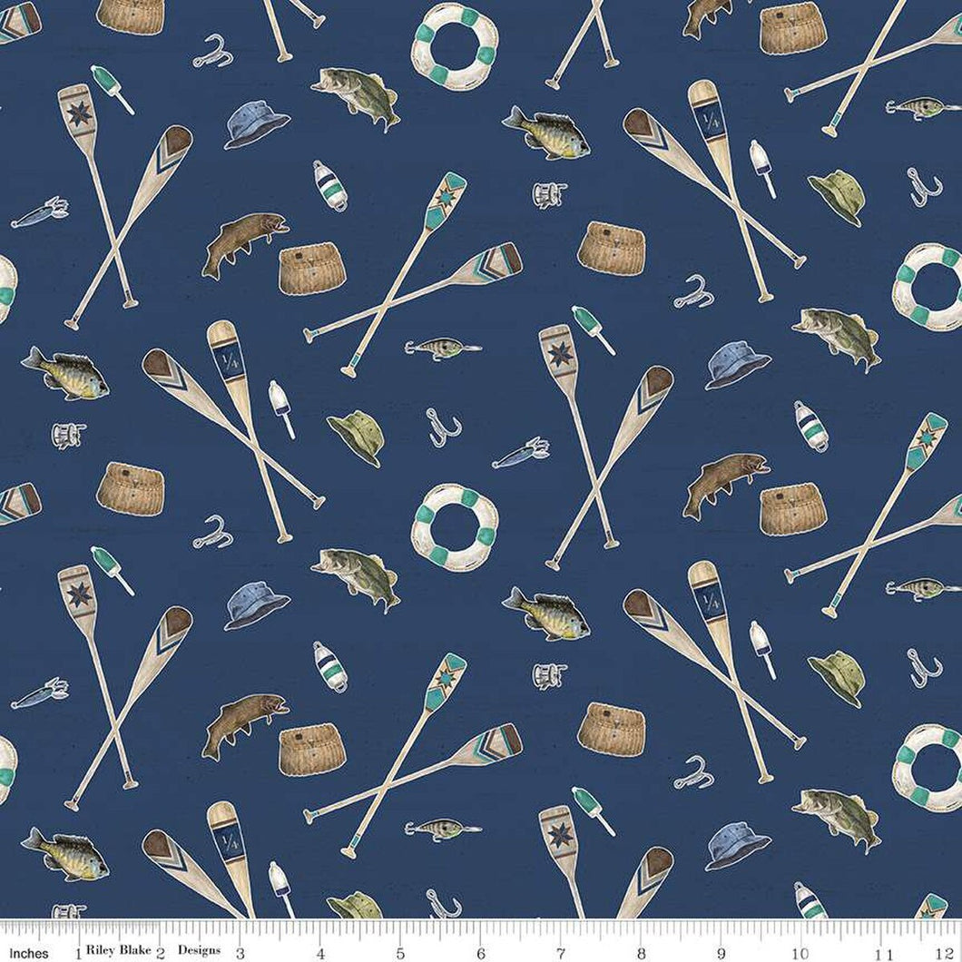 Wake at the Lake Icons Navy Cotton Fabric