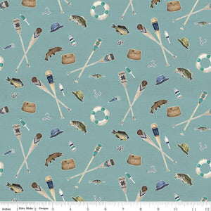 Wake at the Lake Icons Teal Cotton Fabric