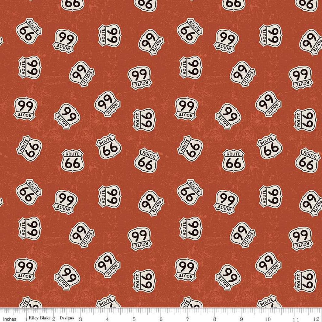 Route 66 Signs Rust Cotton Fabric