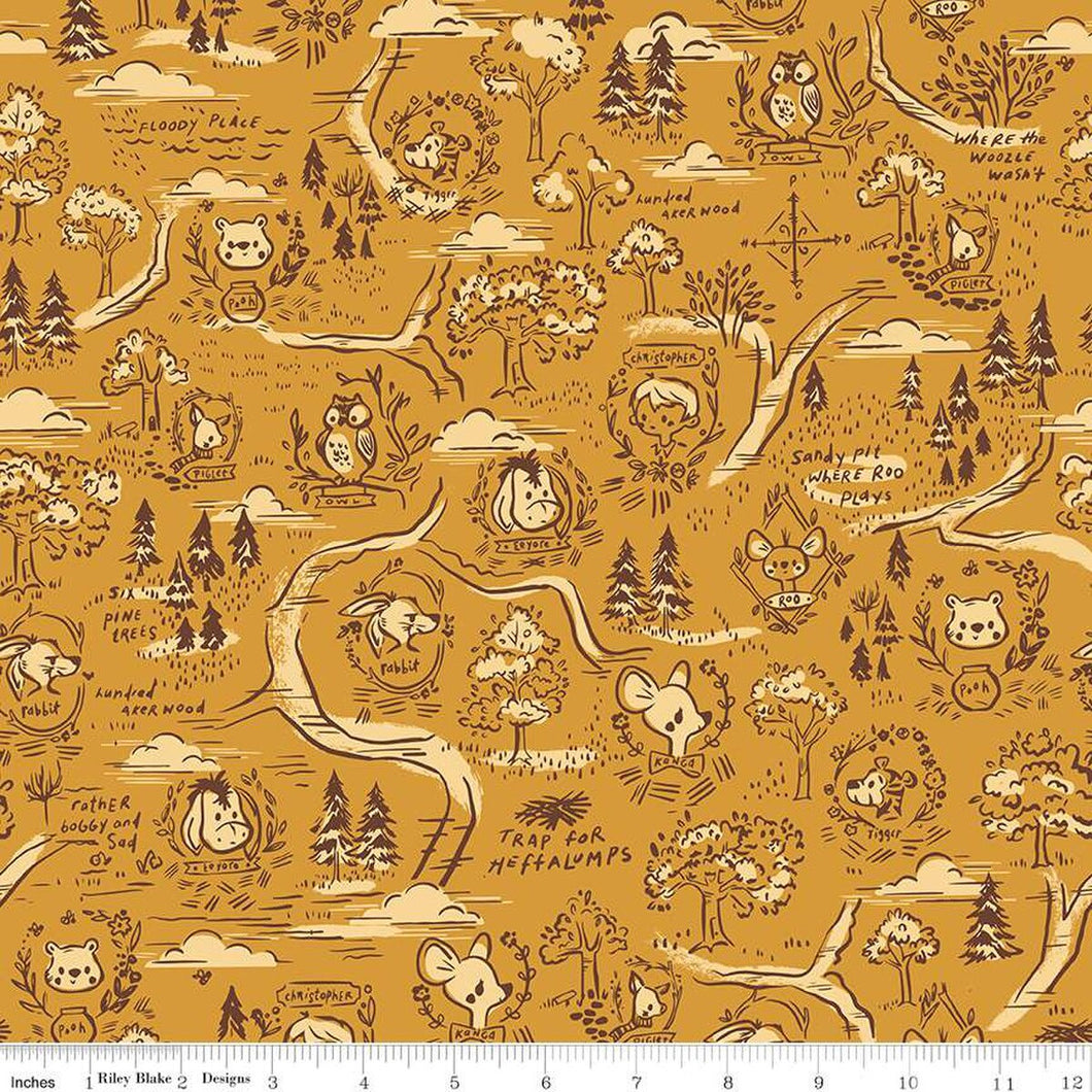 100 Aker Woods 100 Aker Woods Map Gold Cotton Fabric