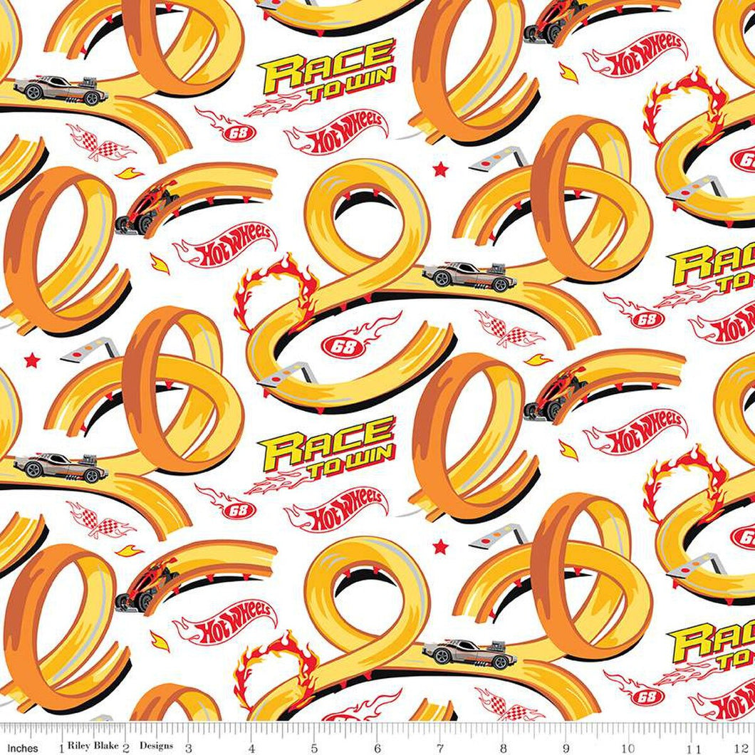 Hot Wheels Made to Race Track White Cotton Fabric