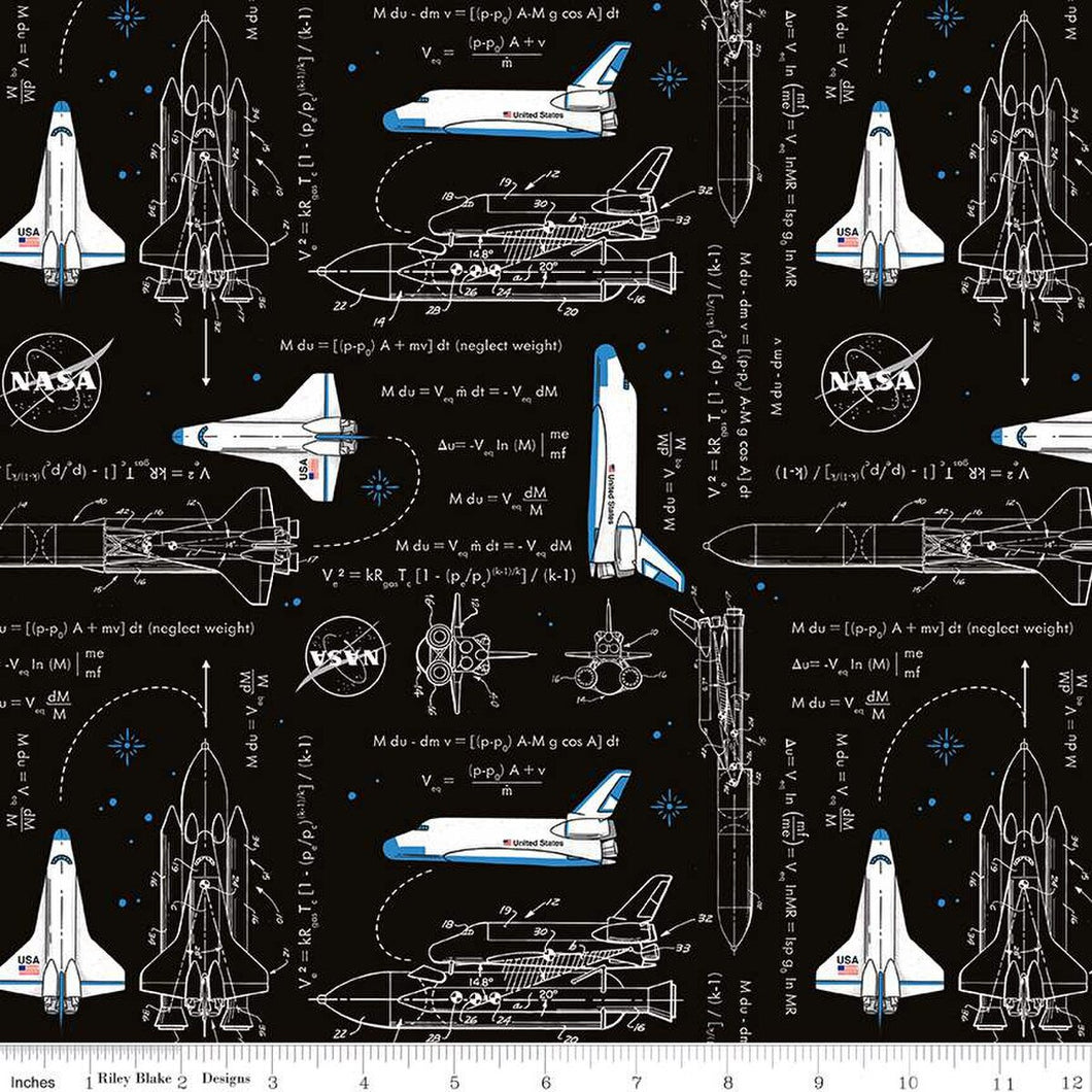 Outer Space by NASA Rocket Math Black Cotton Fabric