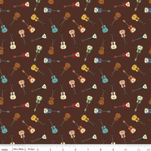 Cowboys Guitars Brown Cotton Fabric