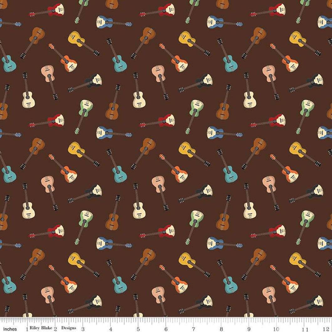 Cowboys Guitars Brown Cotton Fabric