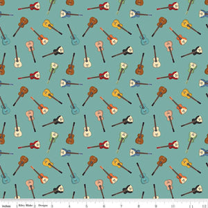 Cowboys Guitars Teal Cotton Fabric