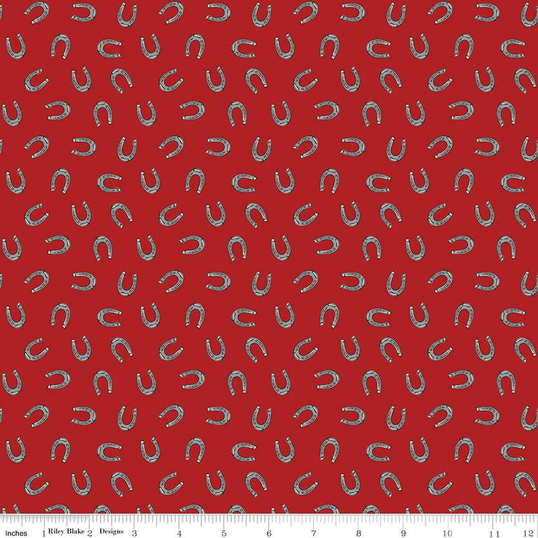 Cowboys Horseshoes Barn Red Cotton Fabric