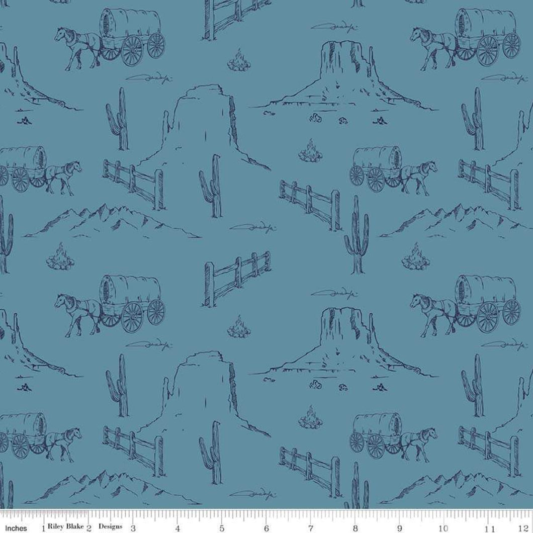John Wayne Western Landscape Blue Cotton Fabric