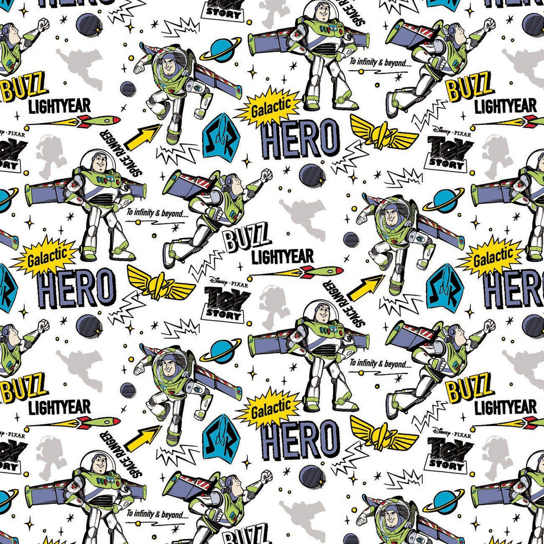 Toy Story Collection III Buzz Lightyear Galactic Hero White Cotton Fabric - 1 Yard Precut