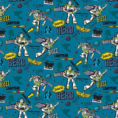 Toy Story Collection III Buzz Lightyear Galactic Hero Teal Cotton Fabric - 1 Yard Precut