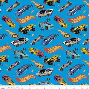 Hot Wheels Made to Race Car Race Blue Cotton Fabric