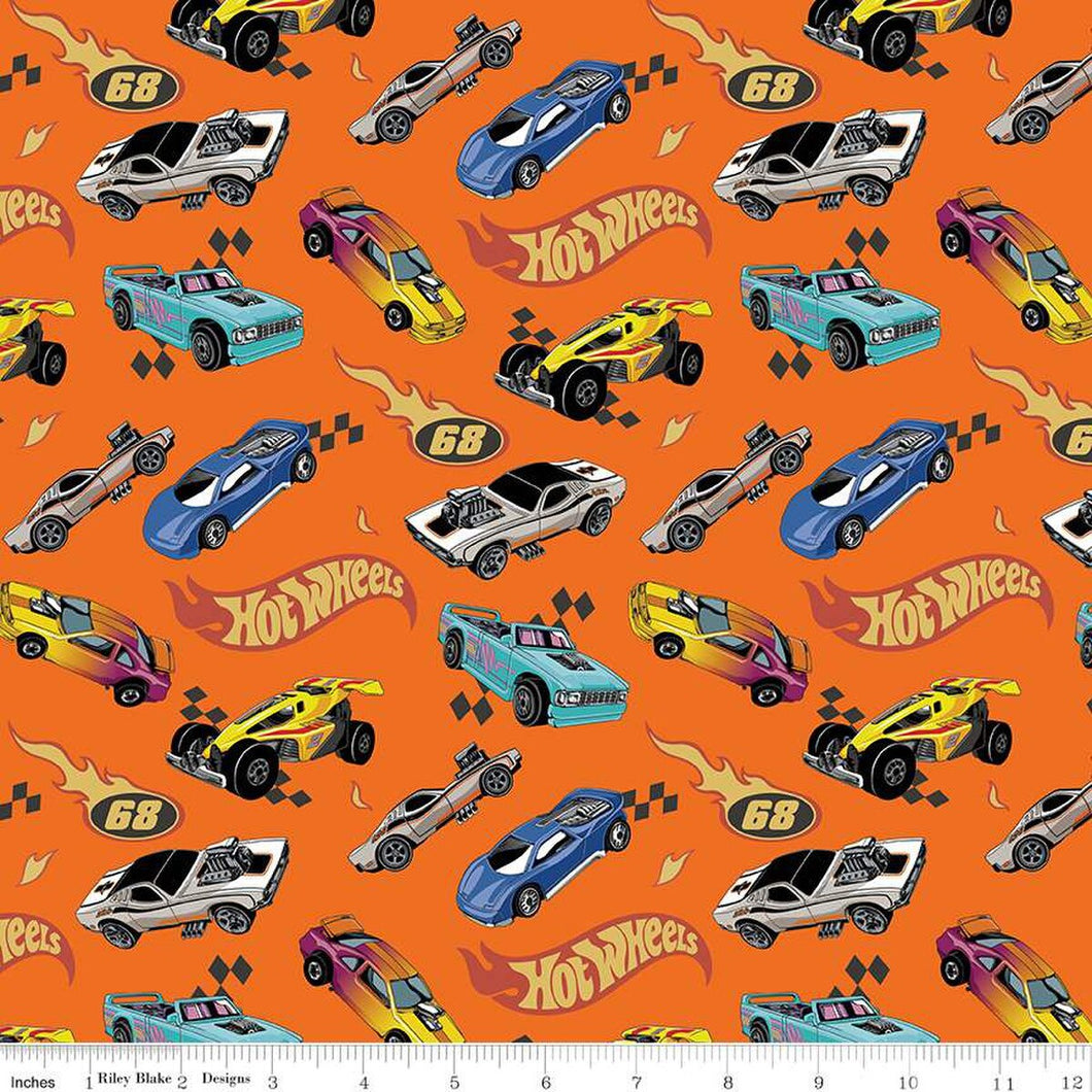 Hot Wheels Made to Race Car Race Orange Cotton Fabric