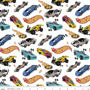 Hot Wheels Made to Race Car Race White Cotton Fabric