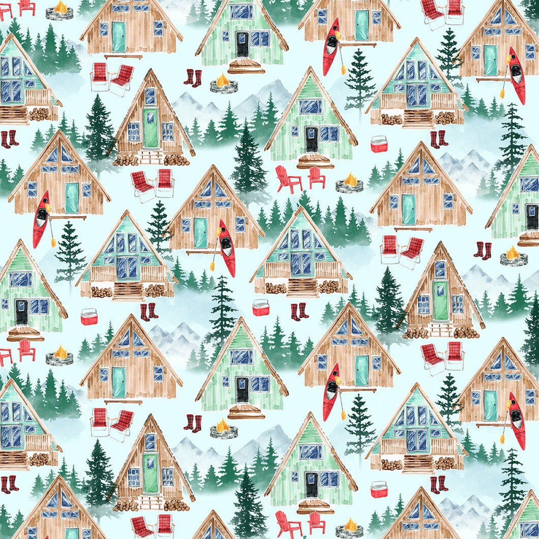 Lake Houses Scenic Blue Cotton Fabric