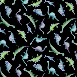 Tossed Dinosaurs Black Cotton Fabric