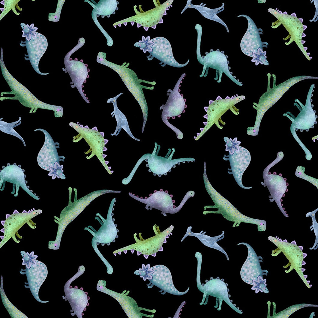 Tossed Dinosaurs Black Cotton Fabric