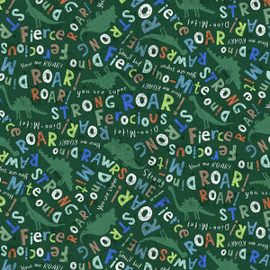 Dinosaur and Words Green Cotton Fabric
