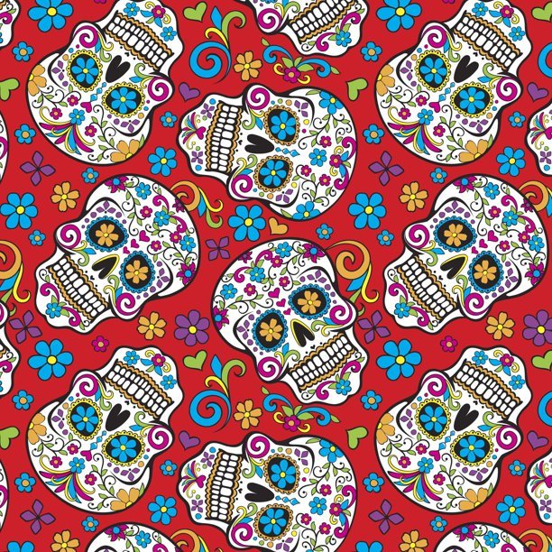 Red Folkloric Skulls Cotton Fabric - Fat Quarter (18