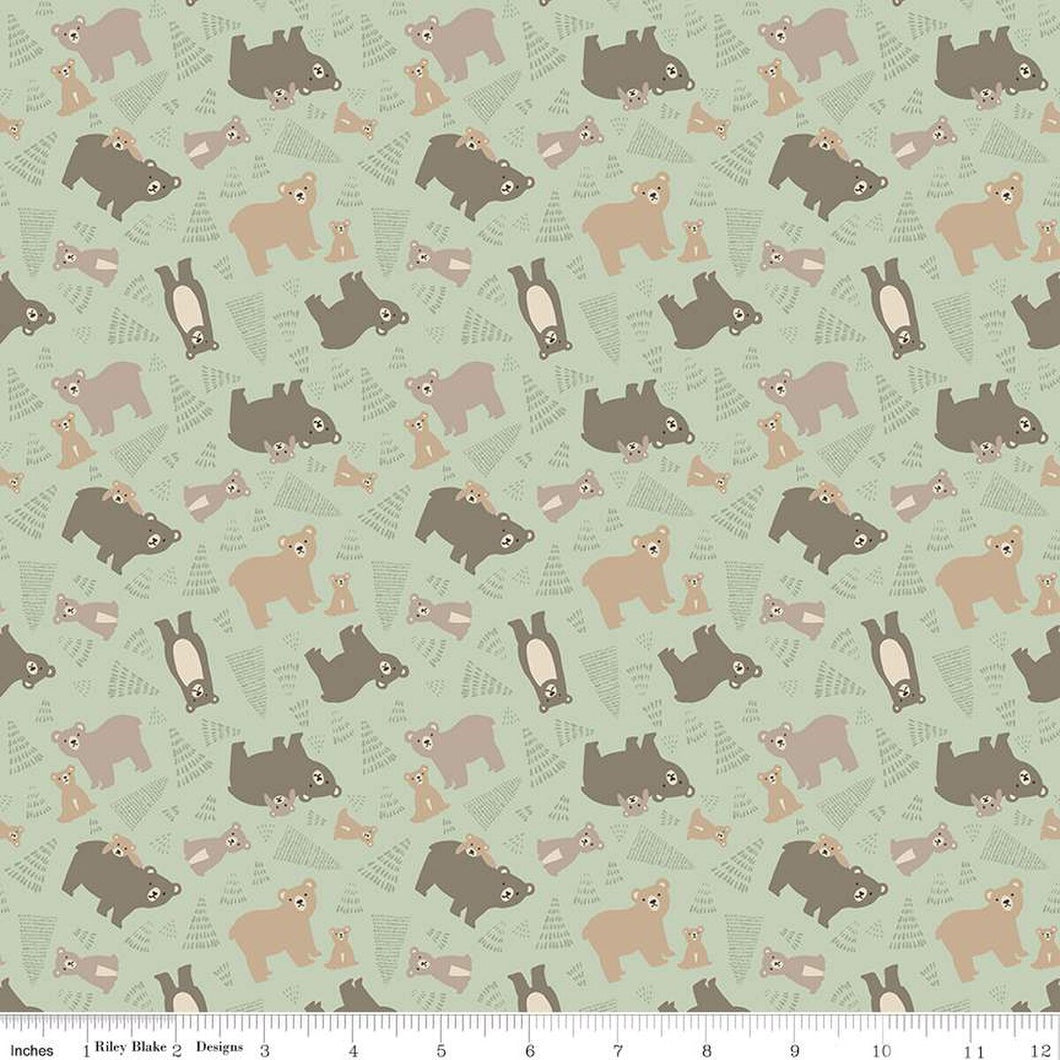 Elmer & Eloise Bears Sage Flannel Fabric