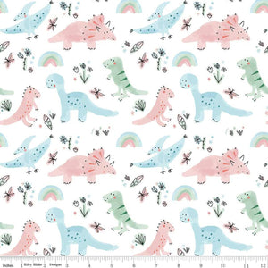 Dinosaurs White Flannel Fabric