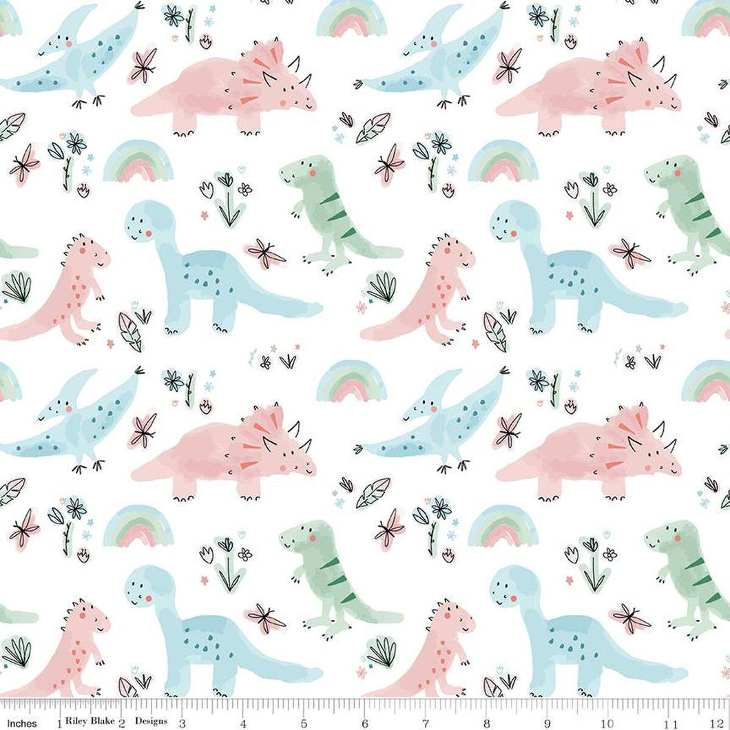 Dinosaurs White Flannel Fabric