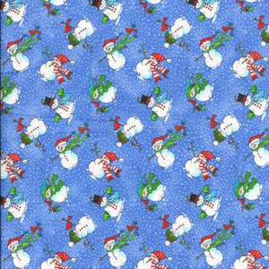 Tossed Snowmen on Blue Christmas Glitter Cotton Fabric