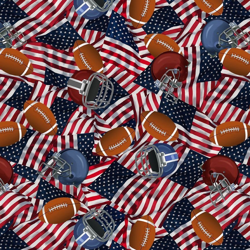 Football Helmets and USA Flags Cotton Fabric
