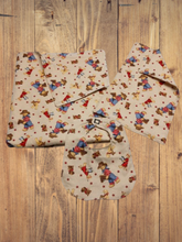 Load image into Gallery viewer, Handmade Blanket, Burp Rag/ Security Blanket, and Bib Western Teddy Bear Set
