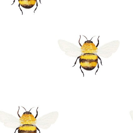 Sunflower Garden Bees White Cotton Fabric