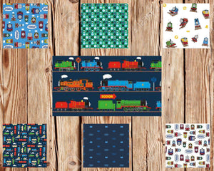 Train Bundle with Train Line Navy Panel Fabric and 6 print Bundle, FAT Quarter, 1/2 Yard, or 1 Yard