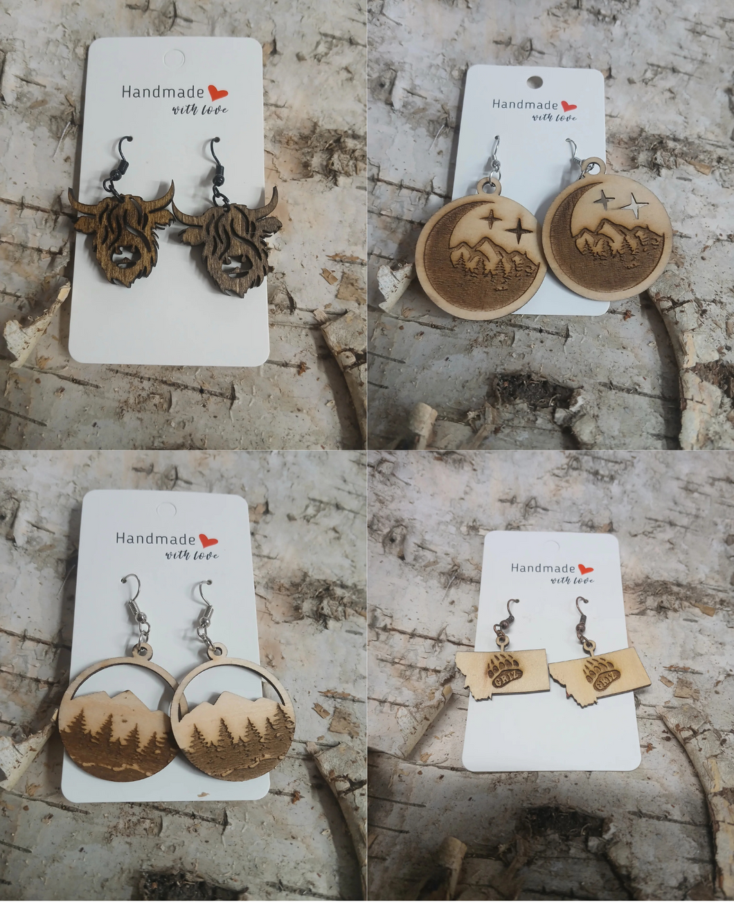 Handmade with Love - Natural Wood Earrings - Set of 4 Natural Wood