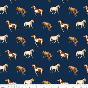 Wild Rose Horses Navy Cotton Fabric