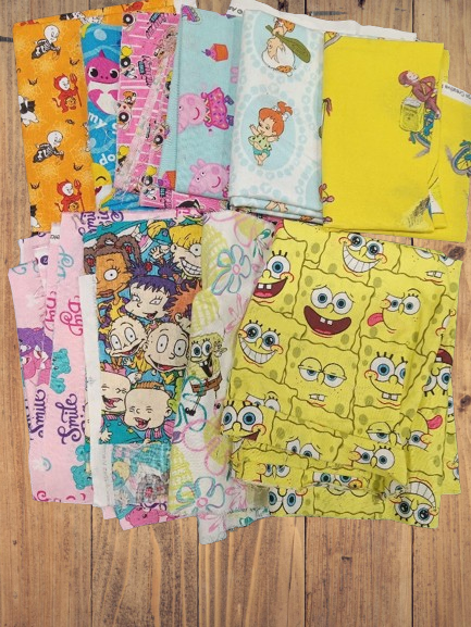 Assorted Nick Jr Characters - Rugrats, Care Bears, Spongebob Fabric - 1 lb Scrap Bundle