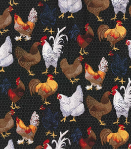 Farm Chickens On Black Cotton Fabric