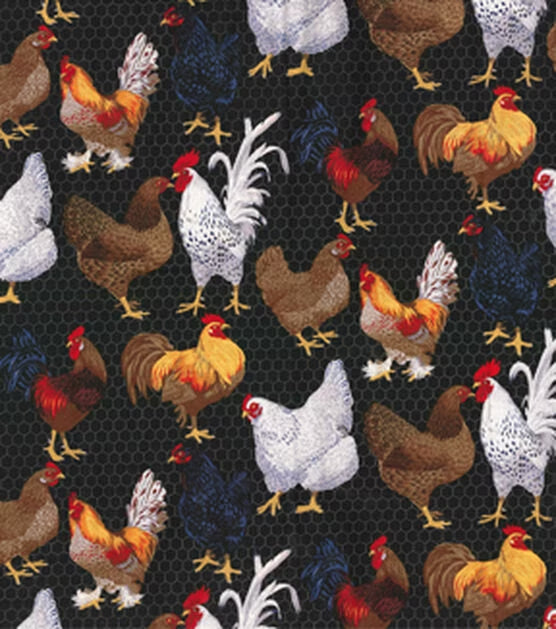 Farm Chickens On Black Cotton Fabric