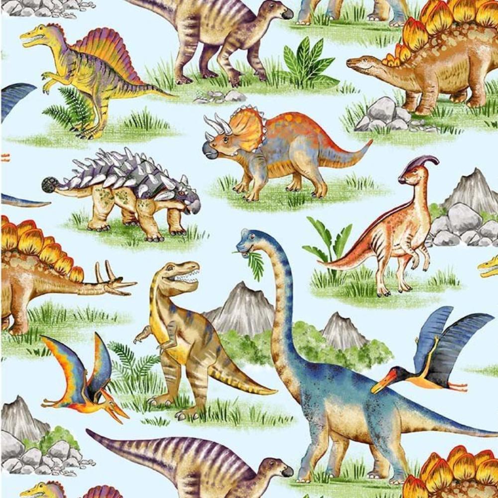 Dinosaur Dino World Blue Cotton Fabric
