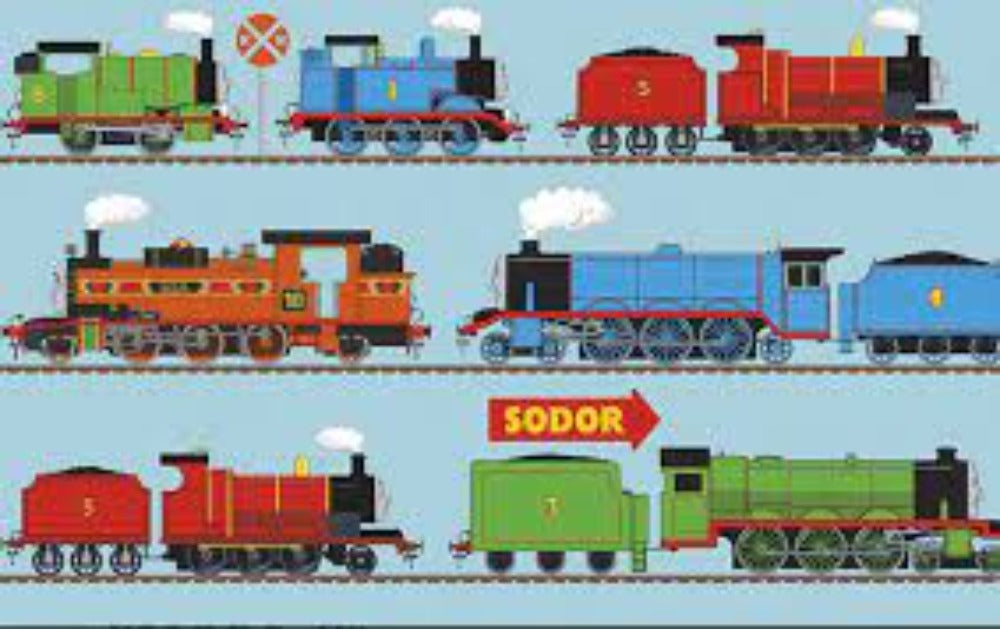 All Aboard with Thomas and Friends Train Line Blue Cotton Panel Fabric