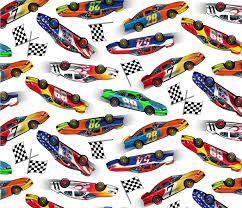 In Motion Race Cars White Cotton Fabric