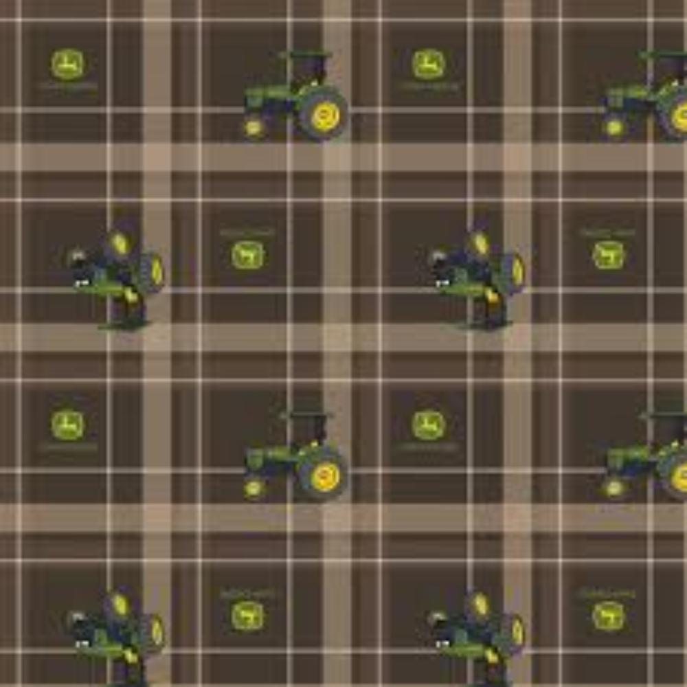 John Deere Brown Tractor Plaid Cotton Fabric