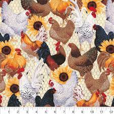 Chickens and Sunflowers Cotton Fabric