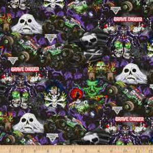 Monster Jam Grave Digger Graphics Multi Cotton Fabric Precut (72" x 30")