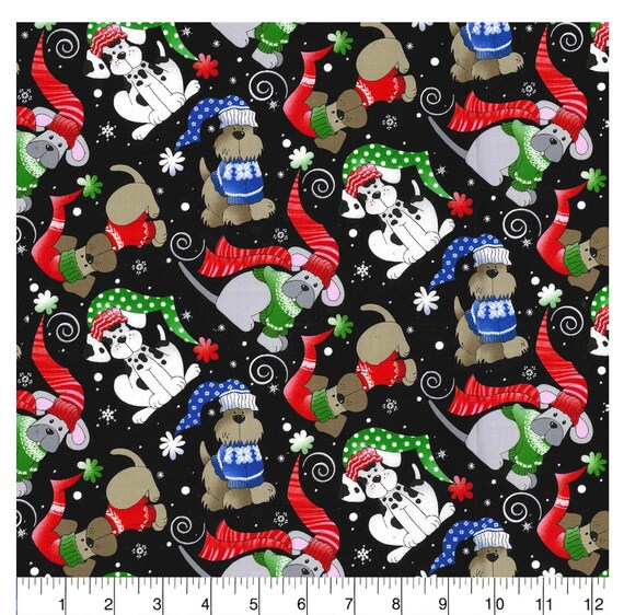 Winter Dogs Black Cotton Fabric