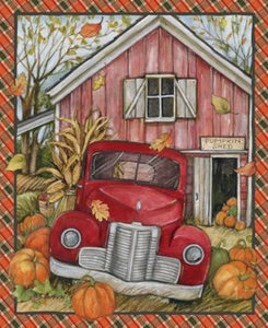 Handmade Tapestry "Red Truck Pumpkin Shed Panel”